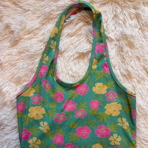 SHEIN Teal, Pink, & Yellow Hawaiian Hibiscus Ribbed Cropped Halter Top Ladies XS